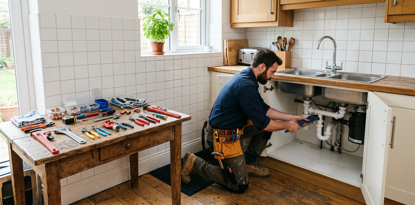 Un plombier à genoux devant un meuble sous évier, outils alignés sur un établi