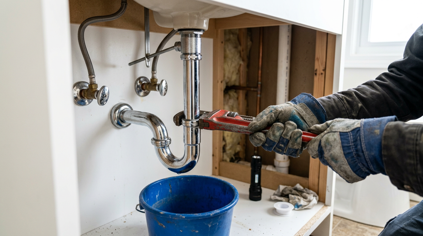 Mains gantées serrant un siphon chromé sous un lavabo